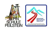 Das Bild zeigt zwei Logos. Links das 'Alpin Schule Peilstein' Logo mit einem stilisierten Berg, einer Burg oben und einer Skipiste unten. Rechts das 'Alpinschule Peilstein' Logo mit einer Bergstraße, einer roten Linie und einem blauen Himmel.