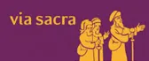 Drei gelbe Figuren auf einem lila Hintergrund, die mittlere Figur hält einen Stab und spricht, die anderen hören aufmerksam zu. Der Text 'via sacra' ist prominent angezeigt.