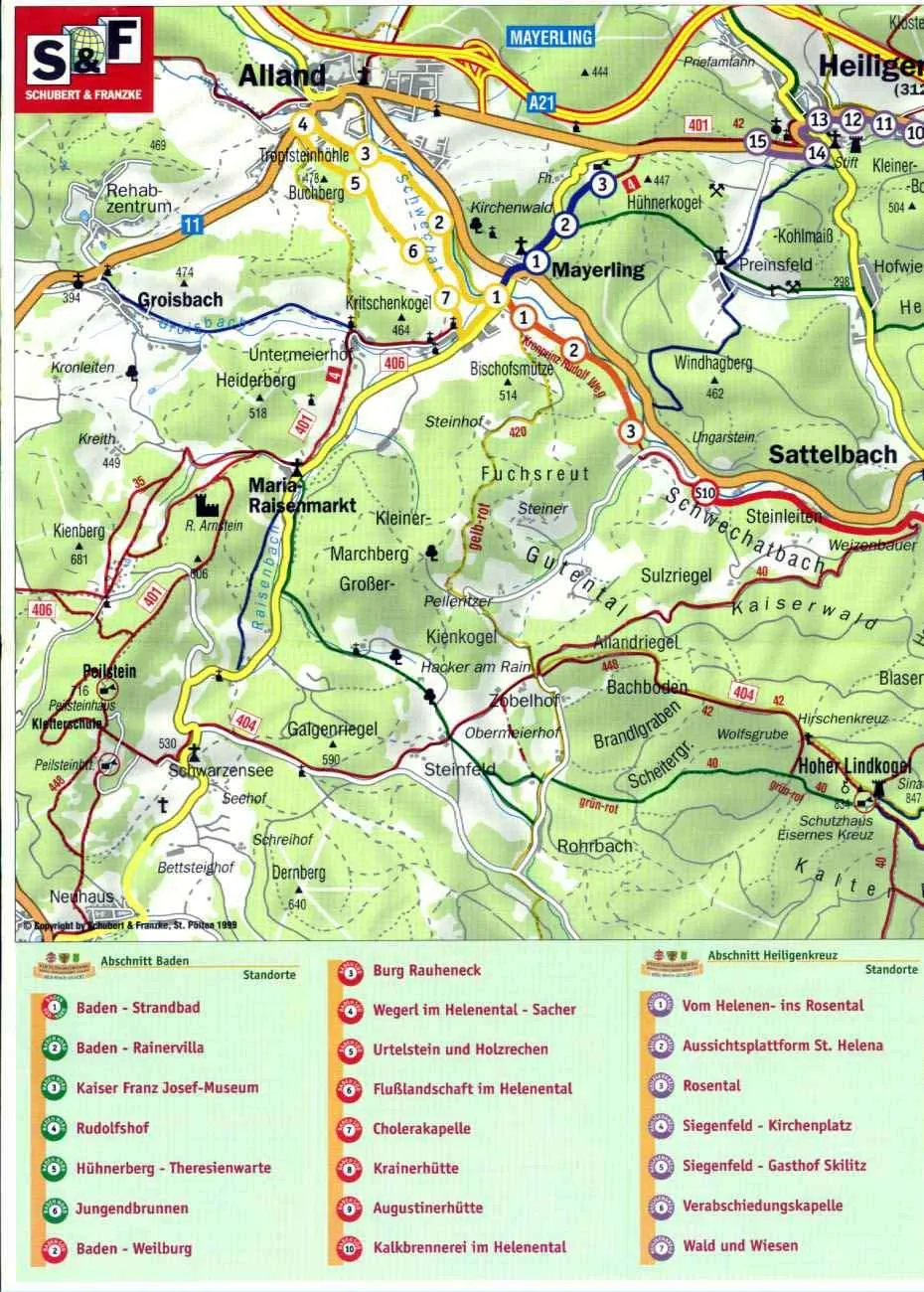 Eine detaillierte Karte von Mayerling, Österreich, die verschiedene Sehenswürdigkeiten, Wanderwege und Punkte von Interesse zeigt. Die Karte enthält eine Legende und verschiedene Höhenmarkierungen.