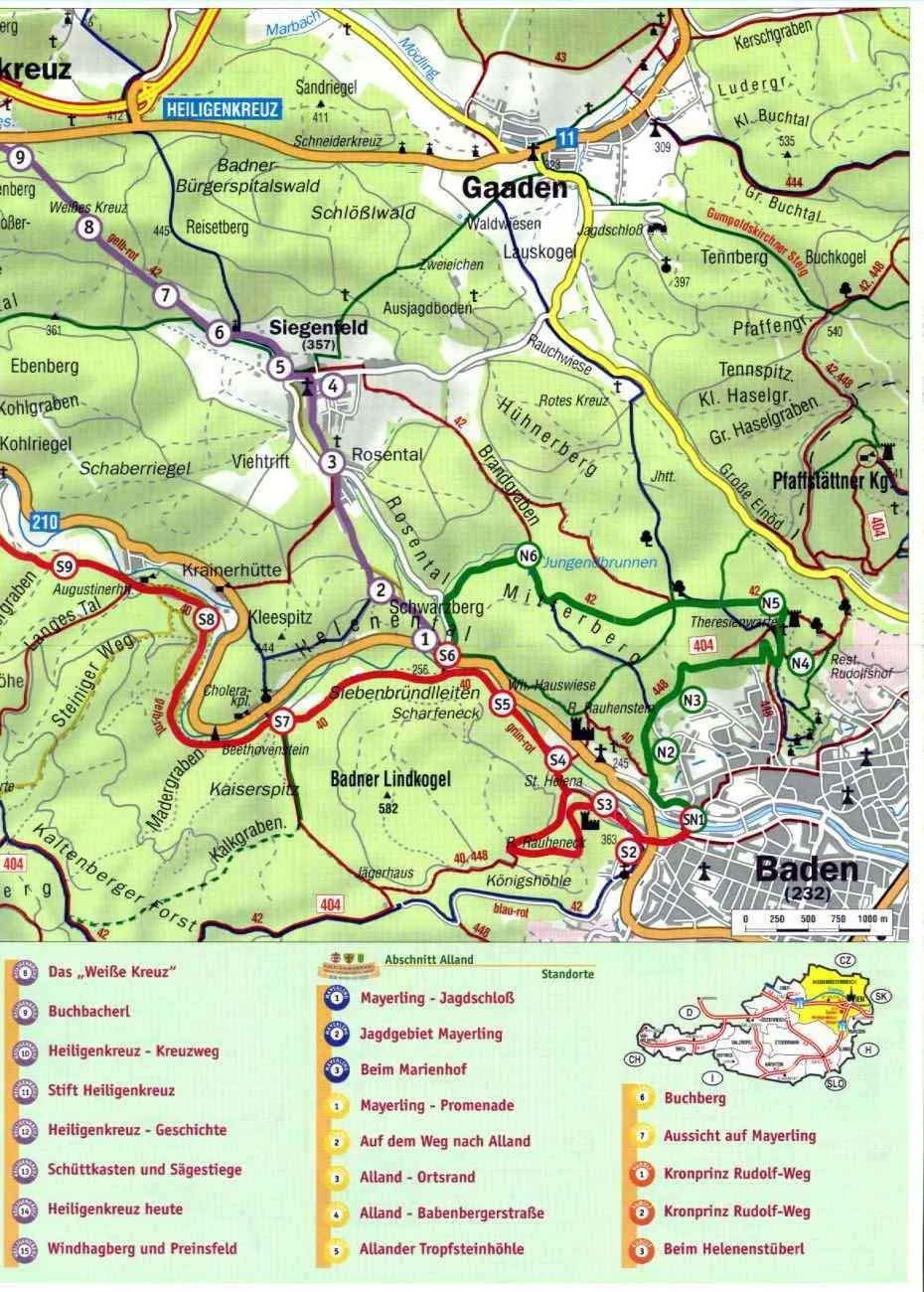 Eine Karte der Region Baden mit verschiedenen Orten, Wegen und Sehenswürdigkeiten. Die Karte enthält eine Legende mit Symbolen für verschiedene Arten von Wegen und Sehenswürdigkeiten.