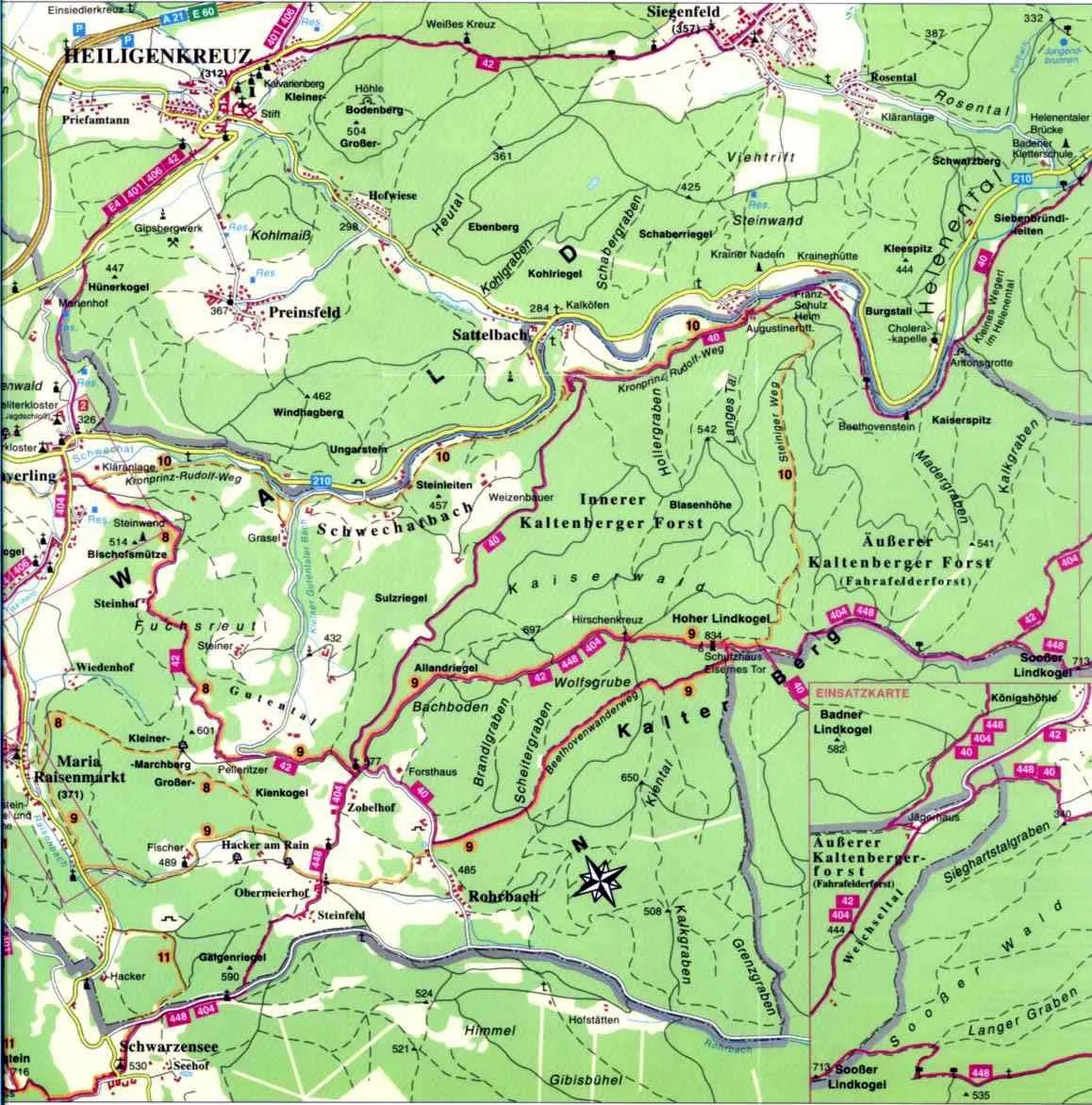 Eine detaillierte Karte, die verschiedene Orte, Wege und Wahrzeichen in einem bewaldeten Gebiet mit einem Fluss zeigt.