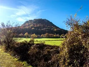 Eine friedliche Landschaft mit einem grünen Feld, einem mit Bäumen bedeckten Hügel und einem klaren blauen Himmel mit einigen Wolken.