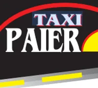 Das Bild zeigt das Logo eines Taxiunternehmens mit dem Text 'TAXI PAIER' in Weiß auf schwarzem Hintergrund, mit einem roten Kreis hinter dem Text.