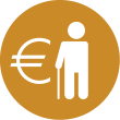 Ein brauner Kreis enthält ein weißes Euro-Symbol und eine weiße Strichfigur mit einem Stock.