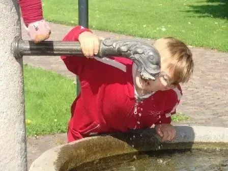 Ein junger Junge in einem roten Jackett trinkt Wasser aus einem Brunnen mit Drachenkopf-Auslauf, in einem Außenbereich mit Rasen und einem gepflasterten Weg.