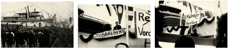 Drei monochromatische Bilder einer Menschenmenge, einer Person, die bei einer Kundgebung spricht, und eines Bootes mit Schildern, die 'Re' und 'Vorc' lesen.