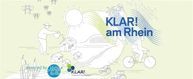 Eine Illustration eines Mannes, der Pflanzen gießt, und einer Person, die mit dem Fahrrad fährt, mit den Worten 'KLAR! am Rhein' in Blau auf gelbem Hintergrund.
