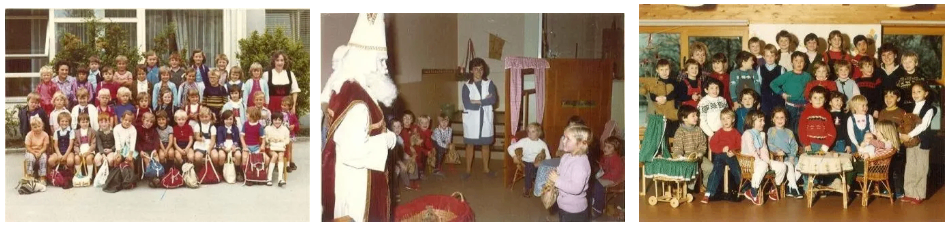 Drei Bilder von Kindern. Das erste zeigt eine Gruppe von Kindern vor einem Haus. Das zweite zeigt eine Santa-Figur umgeben von Kindern. Das dritte zeigt eine Gruppe von Kindern, die an einem Tisch sitzen.