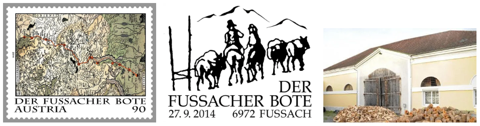 Eine Postmarke mit einer Karte und Silhouetten von Reitern auf Pferden, mit dem Namen 'Der Fusacher Bote' und dem Datum '27.9.2014'. Ein Bild eines Gebäudes mit einer großen Holztür und einem Holzstapel.
