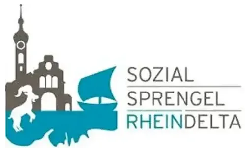 Logo für Sozial Sprengel Rheindelta, mit Turm, Boot und Ziege im Wasser dargestellt.