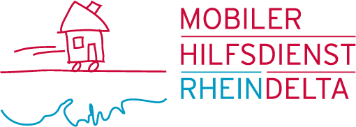 Das Logo von Mobiler Hilfsdienst Rheindelta zeigt ein Haus auf einem Hügel und eine blaue Signaturlinie. Die Worte sind in Rot, Blau und Weiß geschrieben.