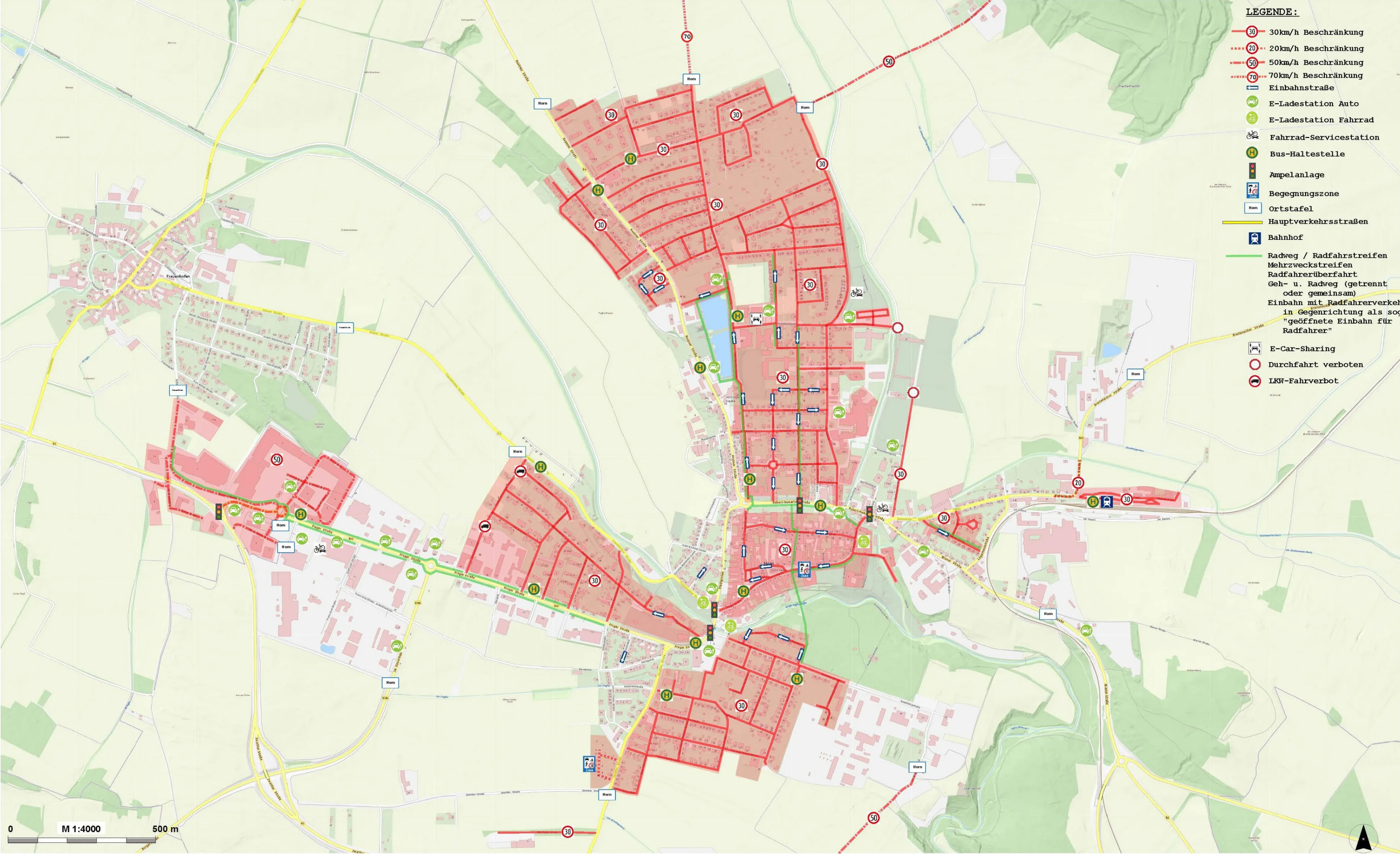 Eine Karte einer Stadt mit verschiedenen farbigen Bereichen, die verschiedene Zonen wie Wohn-, Gewerbe- und Industriegebiete anzeigen.