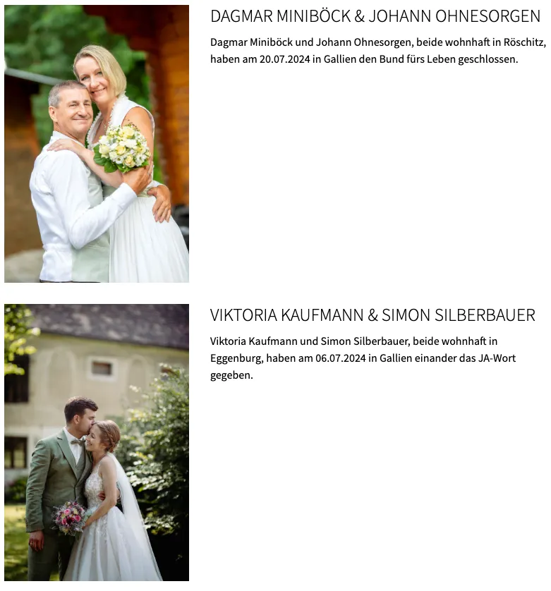 Zwei Paare stehen vor einem Gebäude, lächeln und halten Händchen. Der Mann und die Frau auf der linken Seite sind Dagmar Miniböck und Johann Ohnesorgen, die am 20.07.2024 geheiratet haben. Der Mann und die Frau auf der rechten Seite sind Viktoria Kaufmann und Simon Silberbauer, die am 06.07.2024 geheiratet haben.