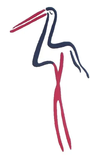 Eine abstrakte, minimalistische Illustration eines Storchs mit langem Schnabel und langen Beinen, stilisiert in Rot und Blau auf weißem Hintergrund.