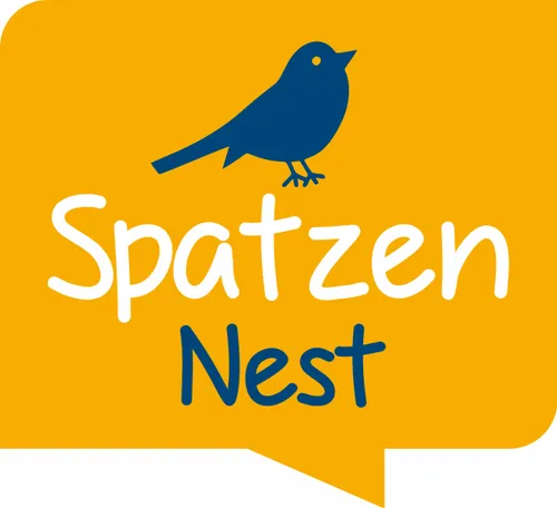 Ein gelber Hintergrund mit einem blauen Vogel über den Worten Spatzen Nest in weißen und blauen Schriften.