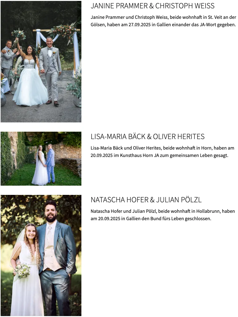 Zwei Paare, Lisa-Maria Back und Oliver Herites sowie Natascha Hofer und Julian Polzl, haben geheiratet. Sie sind mit ihren Familien draußen abgebildet.