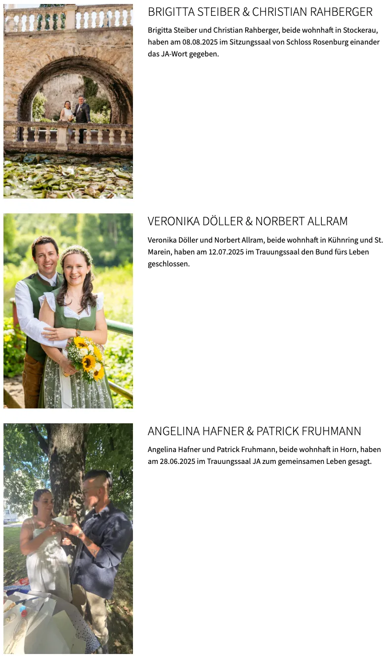 Veronika Döller und Norbert Allram, beide aus Kühning und St. Marein, haben am 12.07.2025 im Trauungssaal den Bund fürs Leben geschlossen.