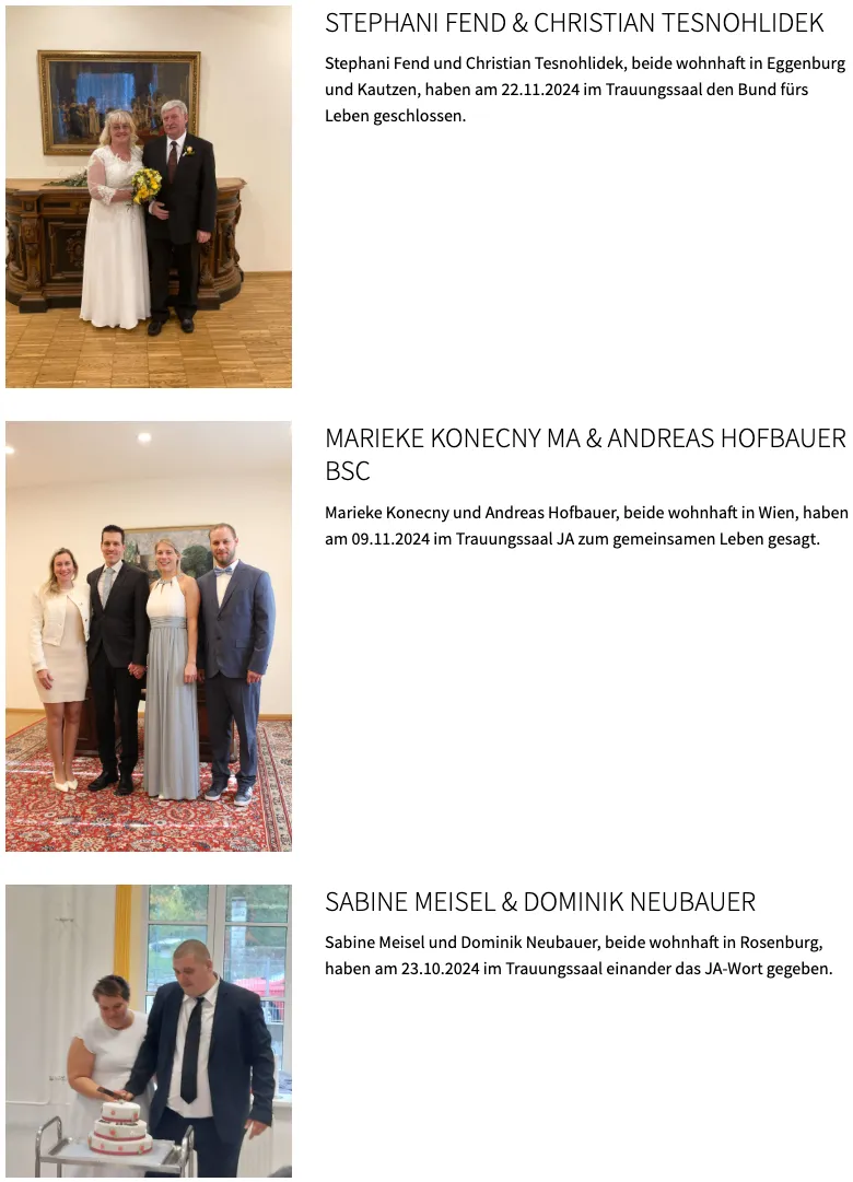 Eine Hochzeitszeremonie mit der Braut und dem Bräutigam vor einem dekorierten hölzernen Altar. Marieke Konecny und Andreas Hofbauer haben am 09.11.2024 im Trauungssaal geheiratet.