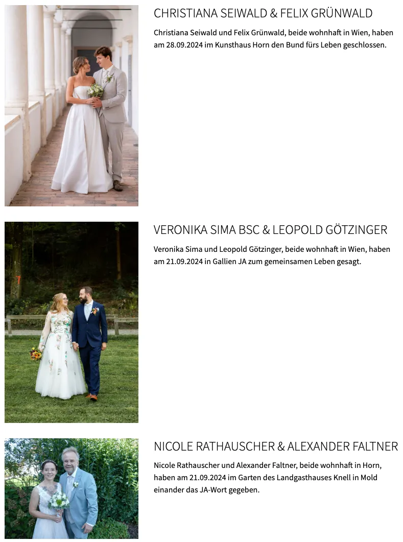 Ein Hochzeitspaar in einem weißen Kleid und einem grauen Anzug steht auf einem Ziegelweg. Sie halten beide Blumensträuße.