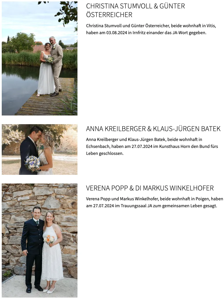 Bild eines frisch verheirateten Paares am Wasser. Anna Kreilberger und Klaus-Jurgen Batek haben am 27.07.2024 im Kunsthaus Horn den Bund fürs Leben geschlossen.