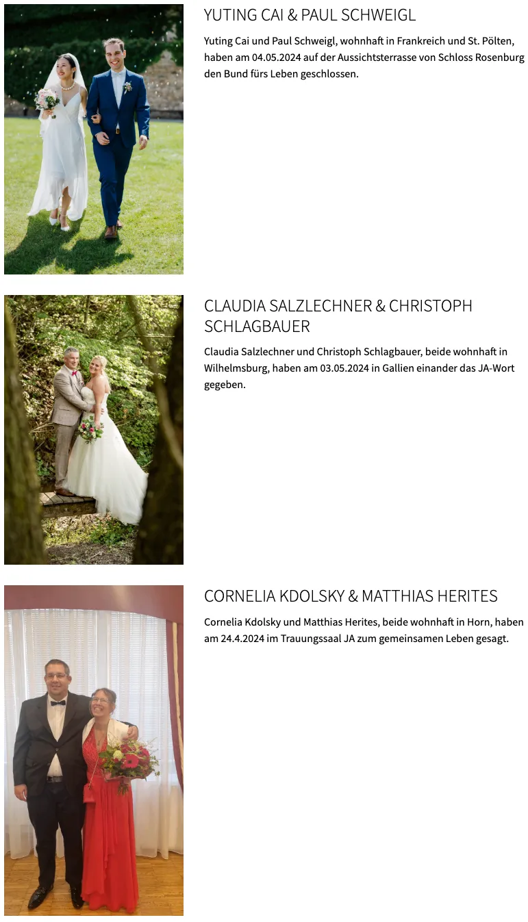 Ein Paar steht unter einem Baum, beide lächelnd und halten Händchen. Sie sind in formeller Kleidung gekleidet. Claudia und Christoph, beide aus Wilhelmsburg, haben am 03.05.2024 in Gallien geheiratet.