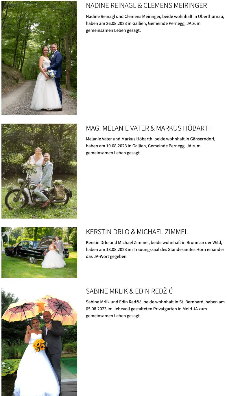 Das Bild zeigt zwei Paare, eines auf einem Motorrad und das andere in einem Auto, beide an Hochzeitsorten. Die Paare werden als Mag. Melanie Vater & Markus Höbarth, Kerstin Drlo & Michael Zimmer und Sabine Mrlik & Edin Redzić identifiziert. Jedes Paar hat an bestimmten Daten geheiratet.