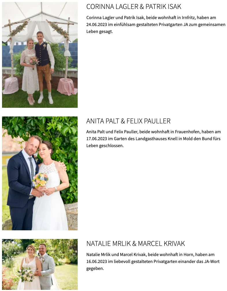 Ein Paar steht in einem Garten, gekleidet in traditioneller Hochzeitskleidung. Der Mann trägt eine Weste und Shorts, und die Frau hält einen Blumenstrauß. Sie scheinen für ein Hochzeitsfoto zu posieren.