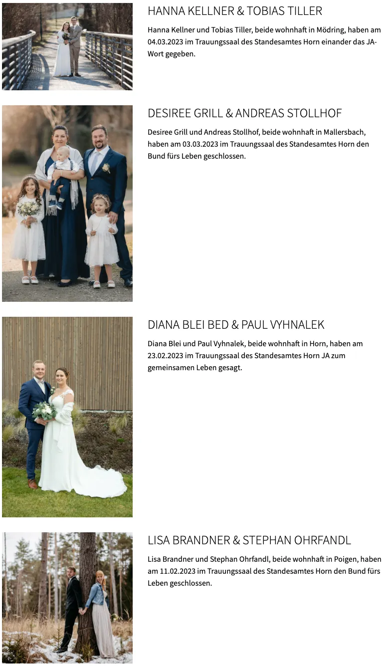 Zwei Bilder zeigen eine Hochzeitszeremonie mit Diana Blei, Paul Vyhnalek und Familie. Sie sind in verschiedenen Posen zu sehen, wobei Diana und Paul sich anschauen.