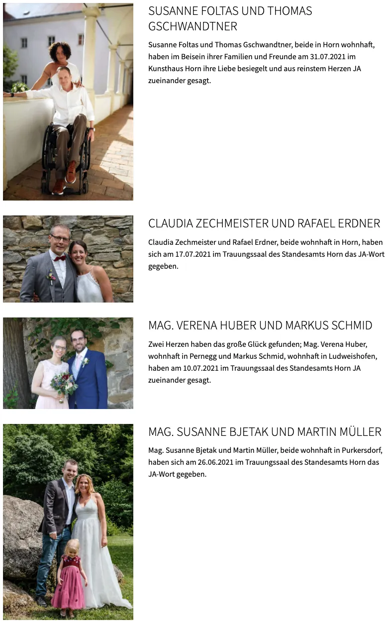 Ein Bild eines Rollstuhls, Claudia Zechmeister und Rafael Erdner, Mag. Verena Huber und Markus Schmid, Mag. Susanne Bjetak und Martin Muller, alle verheiratet im Standesamt Horn.