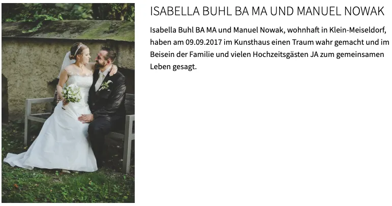 Das Bild zeigt Isabella Buhl und Manuel Nowak, die am 09.09.2017 im Kunsthaus in Klein-Meiseldorf geheiratet haben. Das Paar sitzt auf einer Bank und hält Händchen.