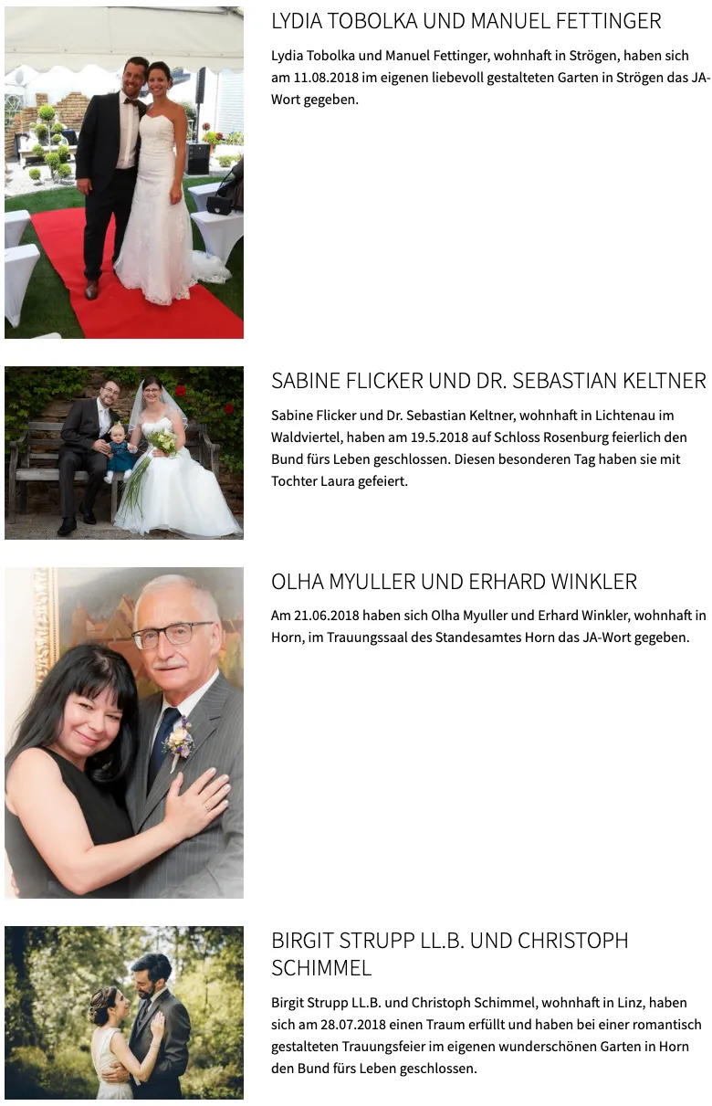 Sabine Flicker und Dr. Sebastian Keltner, wohnhaft in Lichtenau im Waldviertel, haben am 19.5.2018 auf Schloss Rosenberg feierlich den Bund fürs Leben geschlossen. Diesen besonderen Tag haben sie mit Tochter Laura gefeiert.