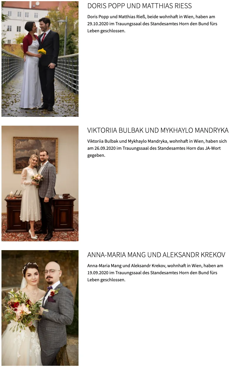 Das Bild zeigt zwei Hochzeitspaare. Viktoria Bulbak und Mykhaylo Mandrkyka, die in Wien leben, haben sich am 26.09.2020 im Trauungssaal des Standesamtes Horn das JA-Wort gegeben. Anna-Maria Mang und Aleksandr Krekov, ebenfalls aus Wien, haben am 19.09.2020 im Trauungssaal des Standesamtes Horn den Bund fürs Leben geschlossen.