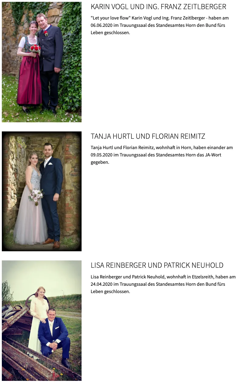 Tanja Hurtl und Florian Reimitz, wohnhaft in Horn, haben am 09.05.2020 im Trauungssaal des Standesamtes Horn das JA-Wort gegeben.