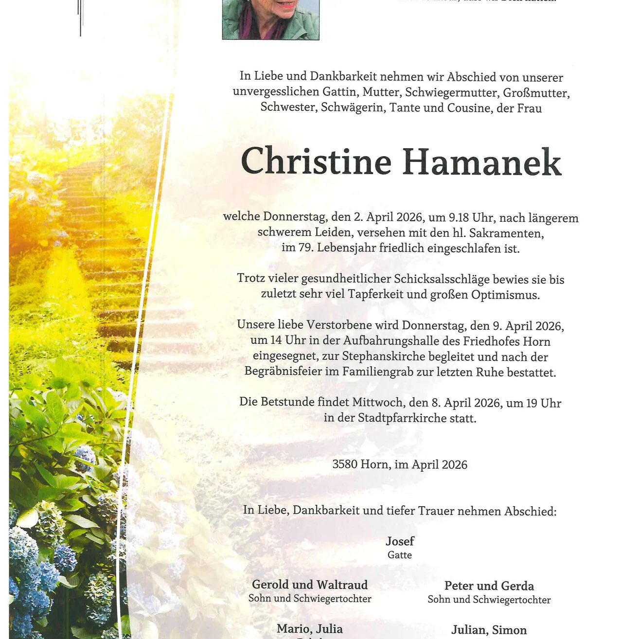 Traueranzeige für Christine Hamanek, die am 2. April 2026, um 9:18 Uhr, nach schwerer Krankheit verstarb. Familienmitglieder und Freunde kommen zusammen, um ihrer zu gedenken.