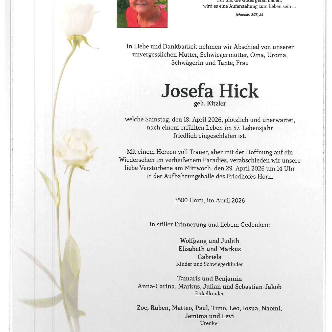 Ein Bild einer Traueranzeige für Josefa Hick. Es enthält ein Foto, ihren Namen, Geburts- und Sterbedaten sowie eine herzliche Botschaft ihrer Familie.