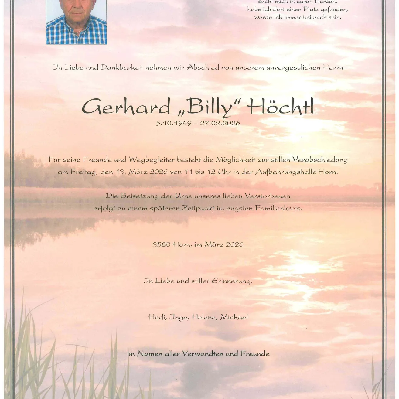 Trauerkarte für Gerhard Billy Hochtl, geboren am 5.10.1949 und verstorben am 27.02.2026. Freunde und Wegbegleiter können sich am 13. März 2026 von 11 bis 12 Uhr in der Trauerhalle Horn verabschieden. Beisetzung in einem privaten Familienkreis.