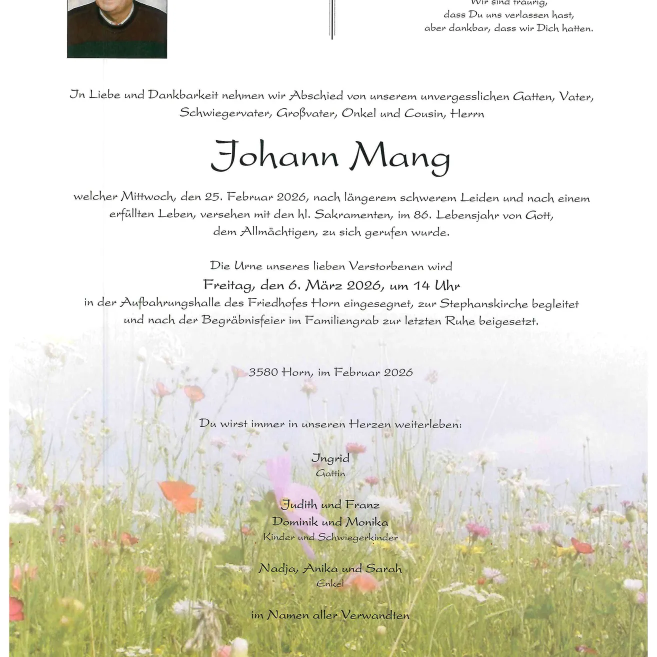 Gedenkkarte für Johann Mang, der am 25. Februar 2026 nach einem erfüllten Leben verstarb. Die Beisetzung findet am 6. März 2026 in Horn statt. Familie und Freunde gedenken seines Lebens.
