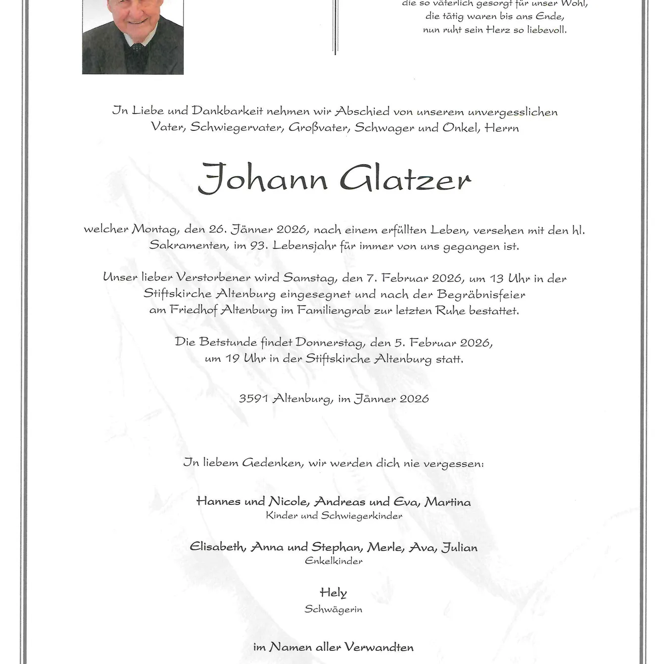 Traueranzeige für Johann Glatzer, 93 Jahre alt, verstorben am 26. Januar 2026. Beisetzung am 7. Februar 2026 in der Stiftskirche Altenberg. Familie und Freunde erinnern sich.