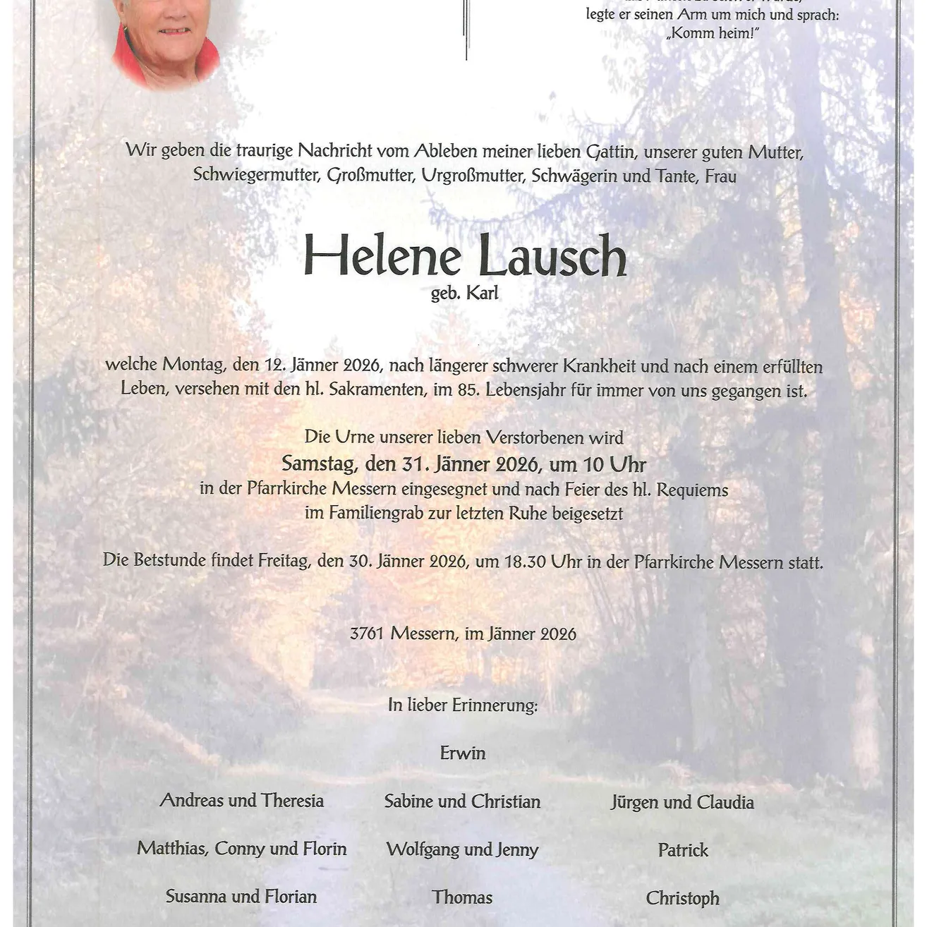 Helene Lausch, geb. Karl, verstarb am 12. Januar 2026 nach schwerer Krankheit. Die Beisetzung in Messen ist am 31. Januar 2026. Die Trauerfeier findet am 30. Januar 2026 statt.