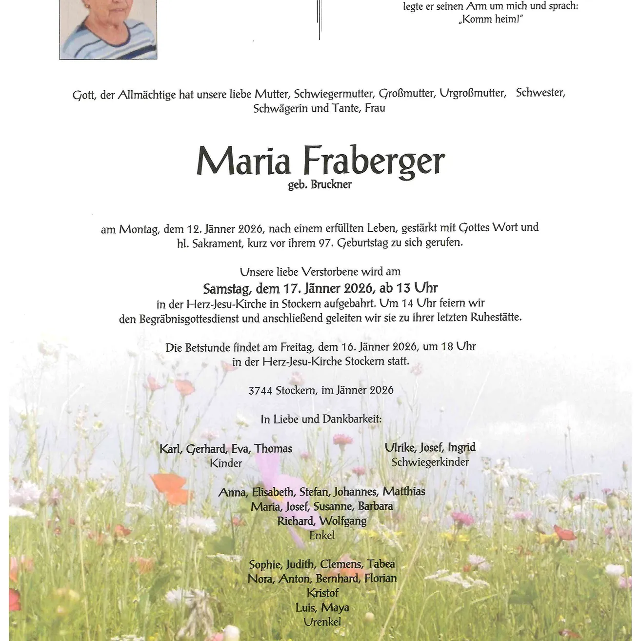 Ein Foto von Maria Fraberger. Der Text verkündet ihren Tod am 12. Januar 2026. Eine Beerdigung ist für den 17. Januar 2026 um 13:13 Uhr geplant, gefolgt von der Beisetzung. Eine Totenwache findet am 16. Januar 2026 um 18 Uhr statt.