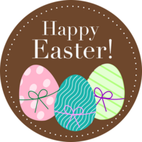 Ein rundes Etikett mit braunem Hintergrund, das drei bunte Ostereier mit Schleifen zeigt. Der Text 'Happy Easter!' steht in weiß.