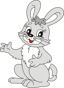 Ein Cartoon-Kaninchen mit großen Ohren und einem weißen Fleck auf der Brust, das auf einem schwarzen Hintergrund sitzt und mit offenem Mund lächelt.
