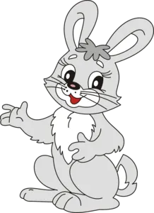 Ein Cartoon-Kaninchen mit großen Ohren und einem weißen Fleck auf der Brust, das auf einem schwarzen Hintergrund sitzt und mit offenem Mund lächelt.