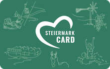 Ein grünes Plakat mit Herzlogo, 'Steiermark Card' Text und verschiedenen Illustrationen wie Boote, ein Skifahrer, ein Skifahrer, ein Schwimmer und eine Person auf einem Surfbrett.
