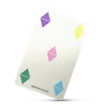 Eine weiße Karte zeigt vier Dreiecke in verschiedenen Farben: lila, pink, gelb und grün. Die Karte enthält auch eine Website-Adresse, 'genusscard.at'.