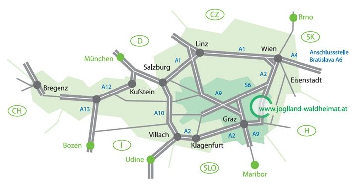 Eine Karte zeigt Autobahnverbindungen zwischen verschiedenen Städten in Österreich, einschließlich Linz, Salzburg, Graz und Klagenfurt. Bemerkenswerte Städte sind München, Kufstein und Bozen. Die Website www.joglland-waldheimat.at ist ebenfalls enthalten.