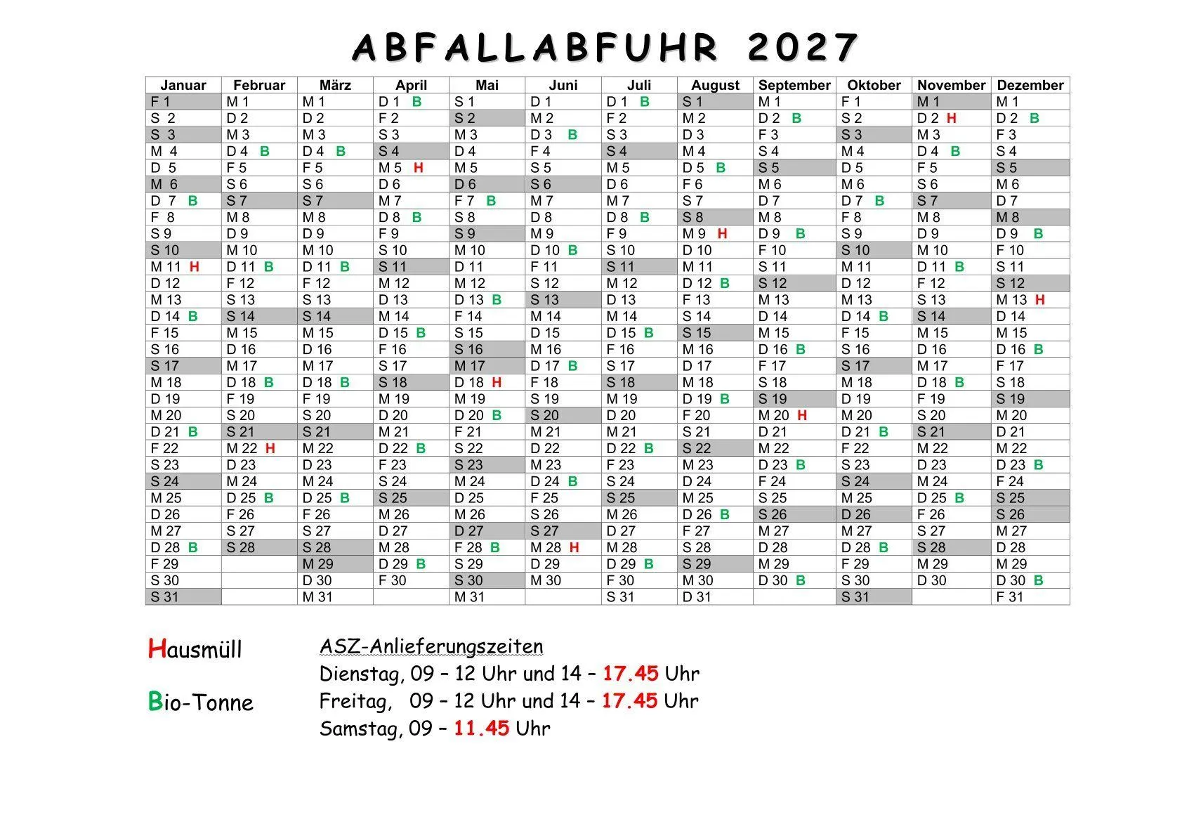 Ein Diagramm, das den Abfallabfuhr 2027-Zeitplan mit Daten und Zeiten für Hausmüll, Bio-Tonne und andere Abfallsammlungen zeigt.