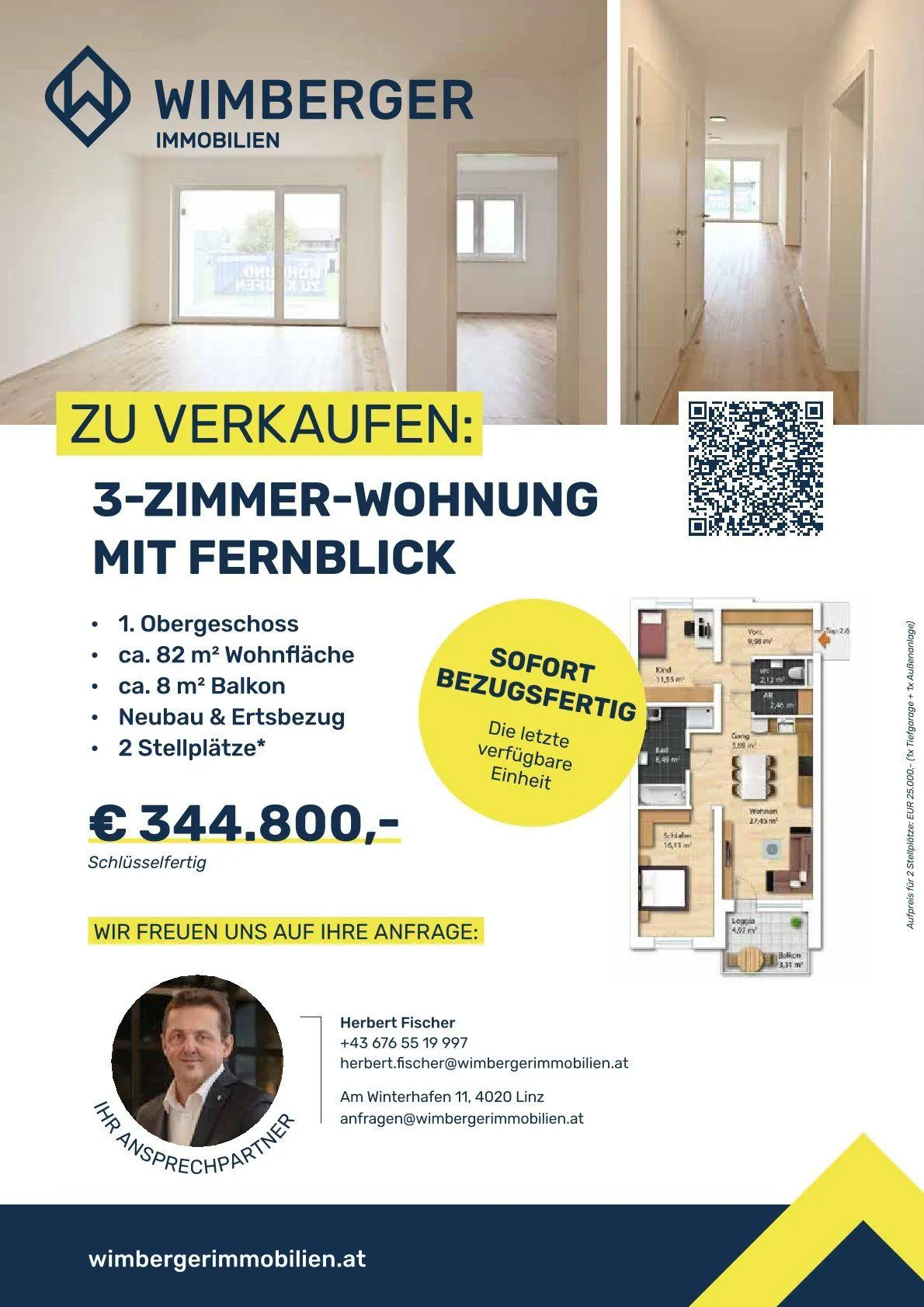 Ein Drei-Zimmer-Wohnung zum Verkauf mit Fernblick. Im obersten Stockwerk gelegen, verfügt sie über eine Wohnfläche von 82 Quadratmetern und einen Balkon von 8 Quadratmetern. Neubau und Erstbezug, zwei Stellplätze. Preis 344.800 Euro. Kontaktieren Sie uns für Anfragen.