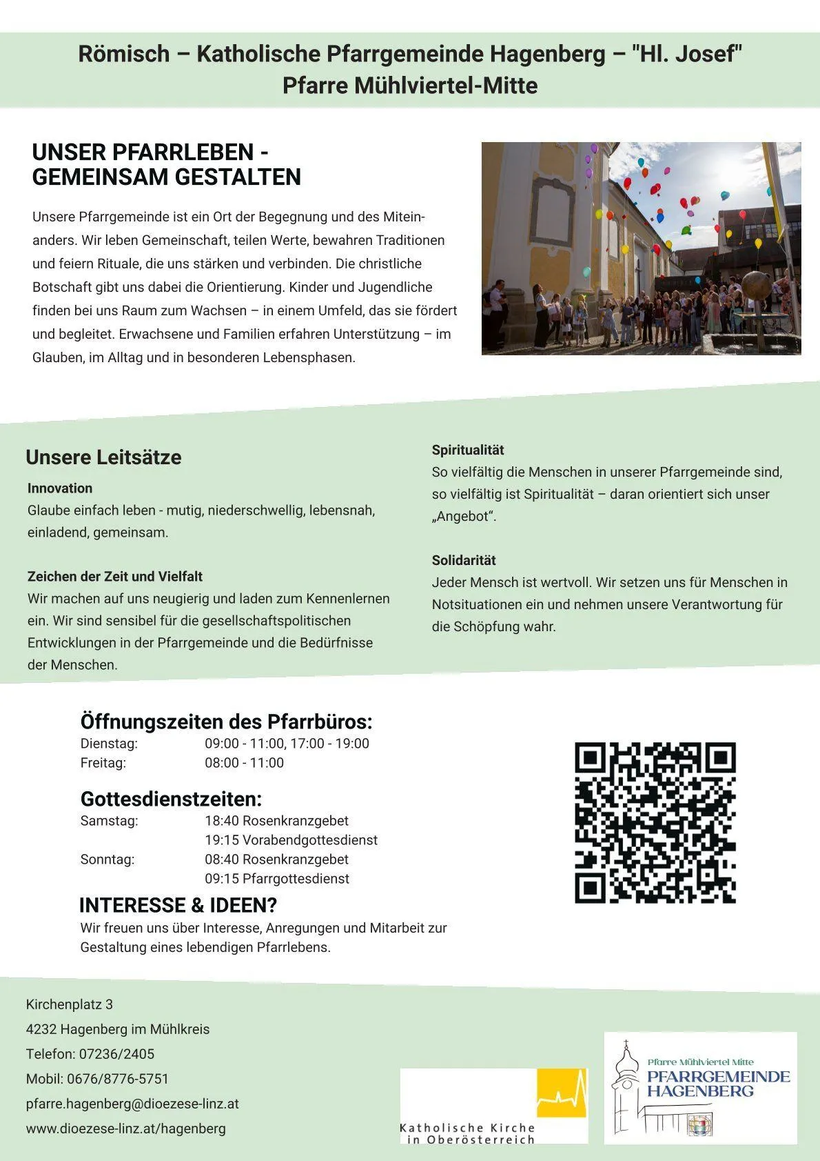 Gemeinsam gestalten: Unsere Pfarrgemeinde ist ein Ort der Begegnung und des Miteinanders. Wir leben Gemeinschaft, teilen Werte, bewahren Traditionen und feiern Rituale, die uns stärken und verbinden. Die christliche Botschaft gibt uns dabei die Orientierung. Kinder und Jugendliche finden bei uns Raum zum Wachsen - in einem Umfeld, das sie fördert und begleitet. Erwachsene und Familien erfahren Unterstützung - im Glauben, im Alltag und in besonderen Lebensphasen.