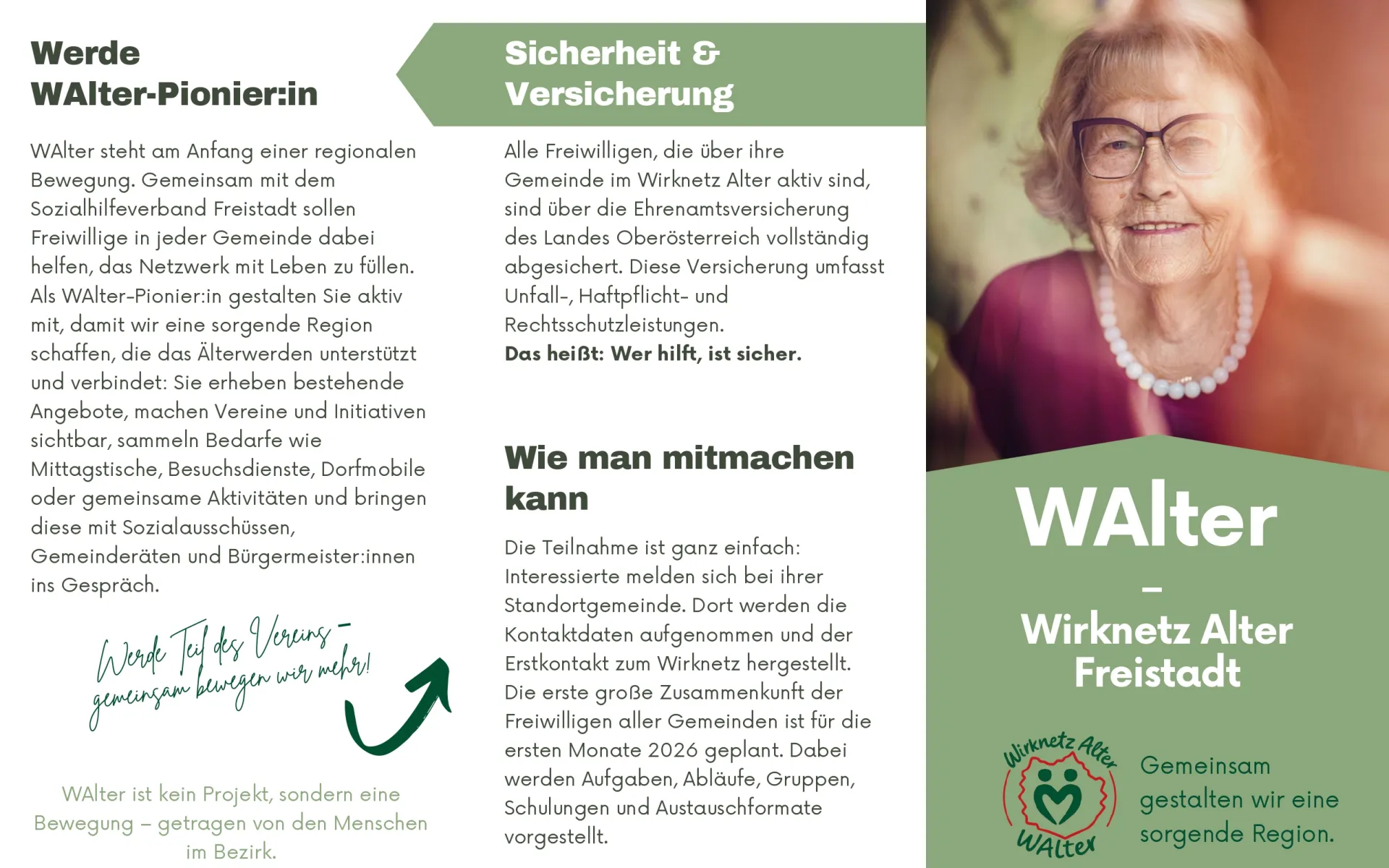 Das Bild betont die Bedeutung regionaler Beteiligung und Unterstützung für ältere Menschen. Es wird erwähnt, dass alle Freiwilligen über 50 Jahre von der Ehrenamtsversicherung des Landes vollständig abgedeckt sind. Der Text ermutigt auch zur Teilnahme an Aktivitäten wie Gartenarbeit und der Versorgung älterer Menschen mit Lebensmitteln.